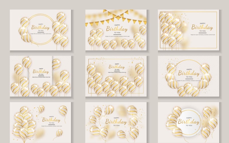 Diseño de conjunto de banner de cumpleaños Texto de saludo de feliz cumpleaños con elegante globo dorado