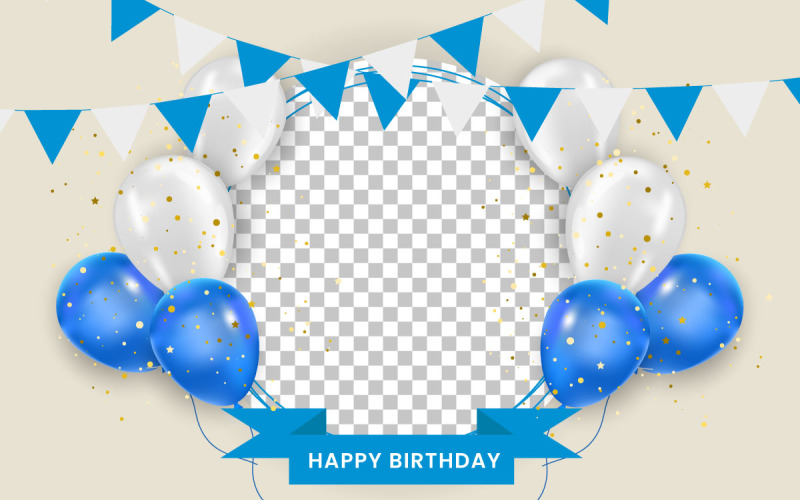 Balões de aniversário banner design texto de saudação de aniversário com conceito elegante de balão azul e branco