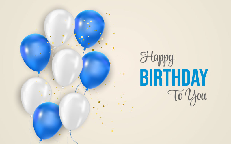Diseño de banner de globos de cumpleaños Texto de saludo de feliz cumpleaños con elegante globo azul y blanco