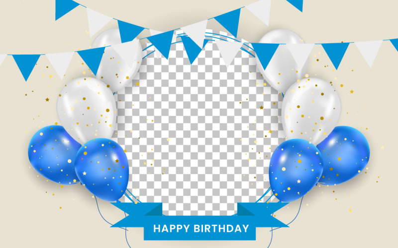 Födelsedag ballonger banner design födelsedag hälsning text med elegant blått och vitt ballong koncept