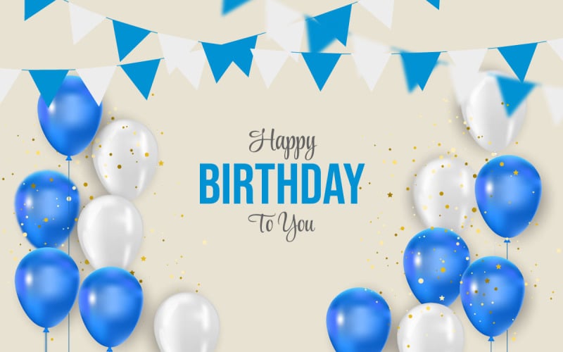 Narozeninové balónky banner narozeninový pozdrav text s elegantní modrý a bílý balónek koncept