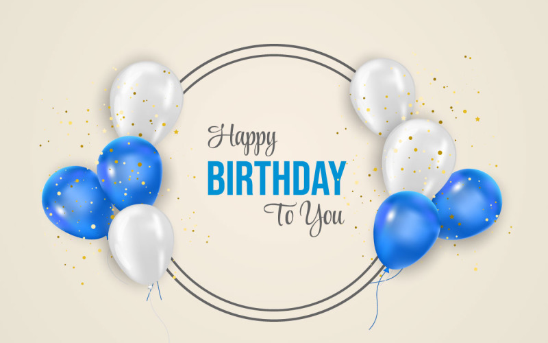 Banner de balões de aniversário design texto de saudação de aniversário com elegante balão azul e branco