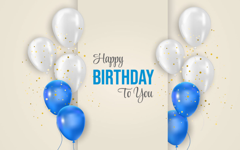 Banner de globos de cumpleaños Texto de saludo de feliz cumpleaños con elegante globo azul y blanco