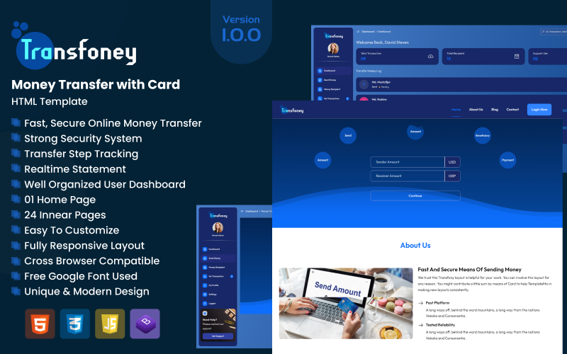 Transfoney - Modelo HTML de transferência de dinheiro com cartão