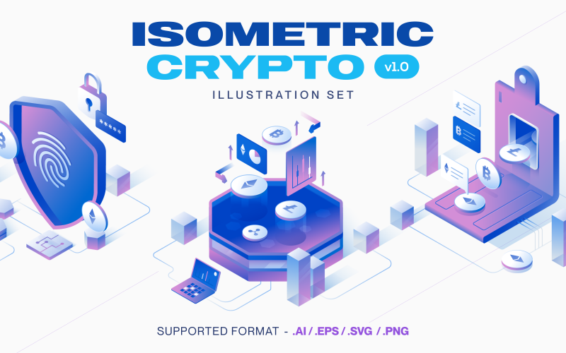 Valuta - Kryptovaluta Isometrisk Illustration Set