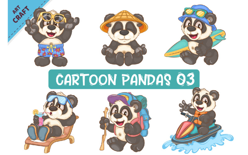 Uppsättning av tecknade pandor 03. Djurkonst.