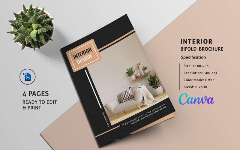 Broschürenvorlage für Innenarchitektur. Adobe Photoshop und Canva