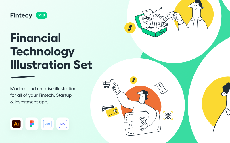 Fintecy - Pénzügyi technológia (Fintech) indító illusztrációs készlet