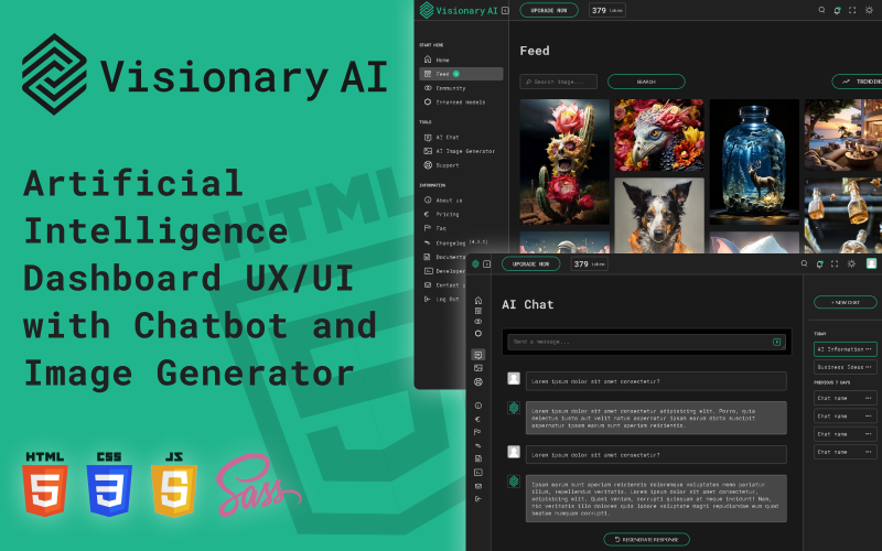 Visionair AI Dashboard-websitesjabloon voor kunstmatige intelligentie met beeldgenerator en chat