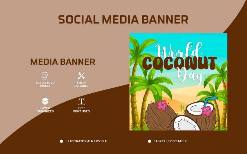 Всемирный день кокоса Дизайн поста в социальных сетях или шаблон веб-баннера