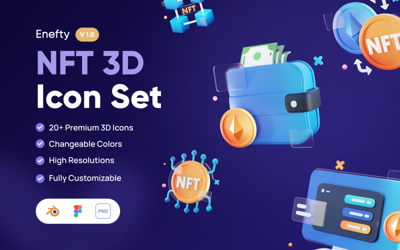 Enefty - conjunto de ícones 3D de investimento digital NFT