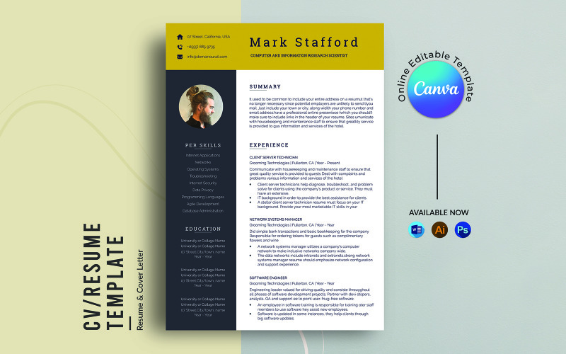 Specialista IT Modello di curriculum Canva ATS moderno di 2 pagine