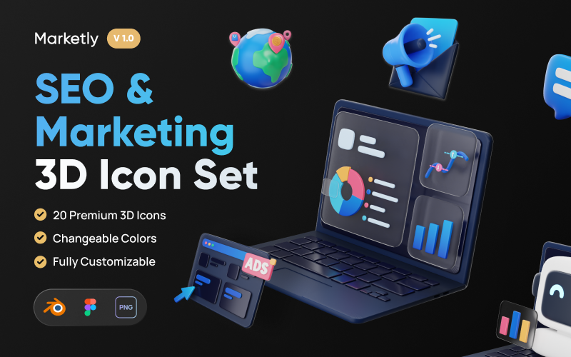 Marketly - Conjunto de iconos 3D de SEO y marketing