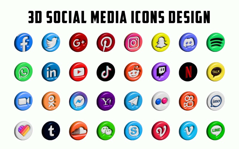 Icônes professionnelles de médias sociaux 3D, icônes de sites Web Pack, modèle propre.