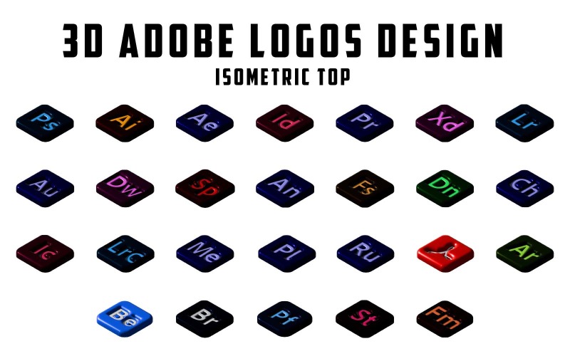 Професійний 3D-ізометричний дизайн топ-іконок програмного забезпечення Adobe