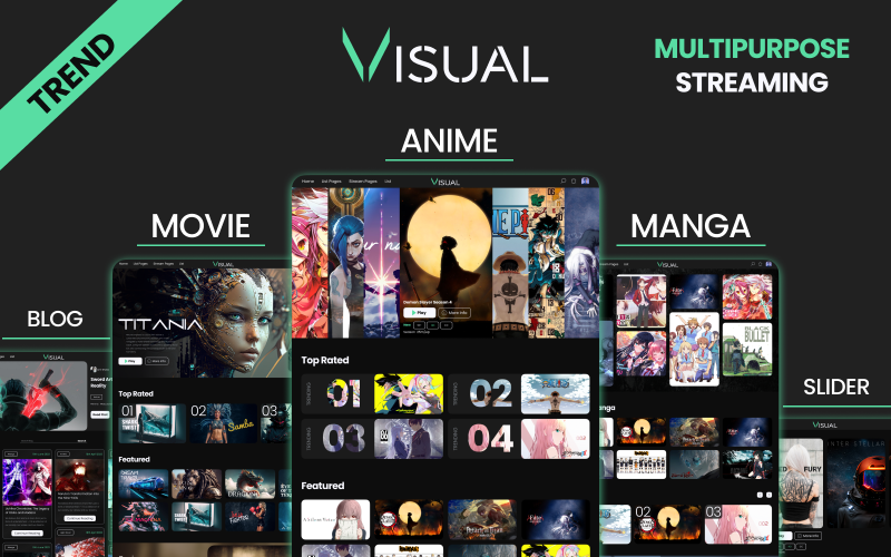 Visualisez le monde de l'anime, du manga et des films avec Visual - votre modèle HTML de streaming ultime