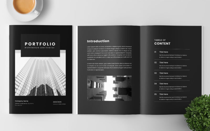 Layout del portfolio di architettura e modello di brochure per interni