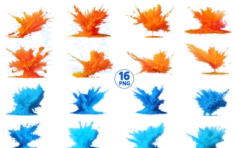 Colorful paint splash explosion of colored powder brush and alcohol ink splatter background set