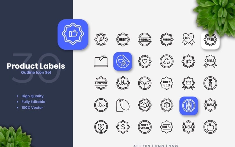Conjunto de iconos de esquema de etiquetas de 30 productos