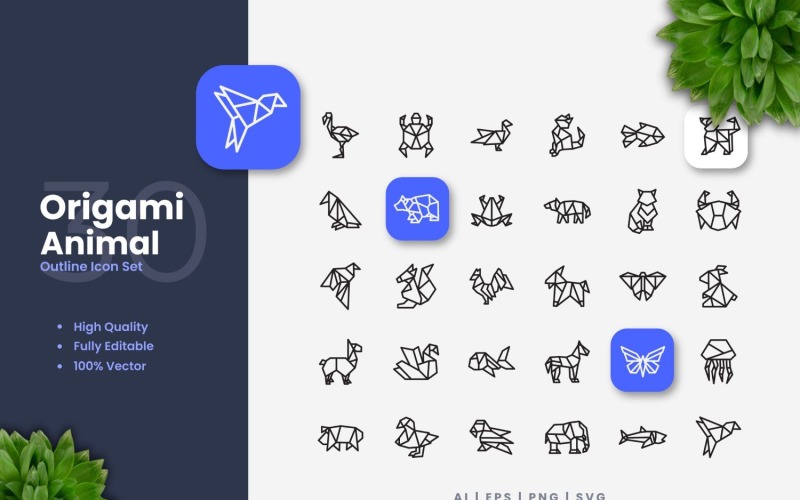 Sada ikon 30 origami zvířat osnovy