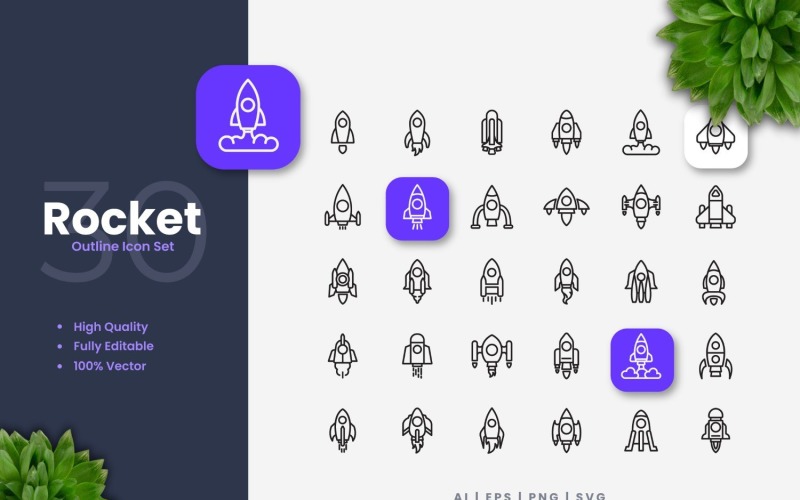 Conjunto de iconos de contorno de 30 cohetes