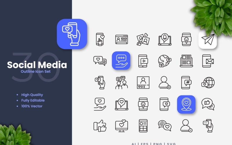30 Social Media Outline Icon Set