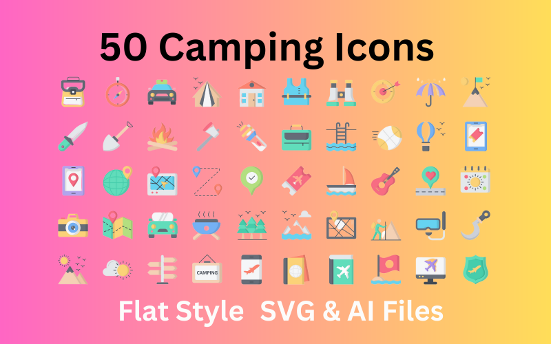Camping Icon Set 50 Flat Icons - SVG en AI-bestanden