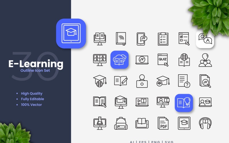 30 ensemble d'icônes de contour d'apprentissage en ligne