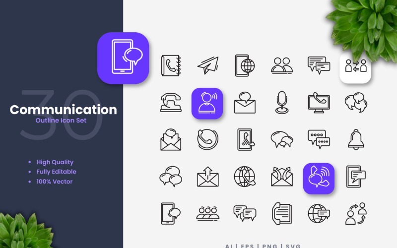 30 ensemble d'icônes de contour de communication