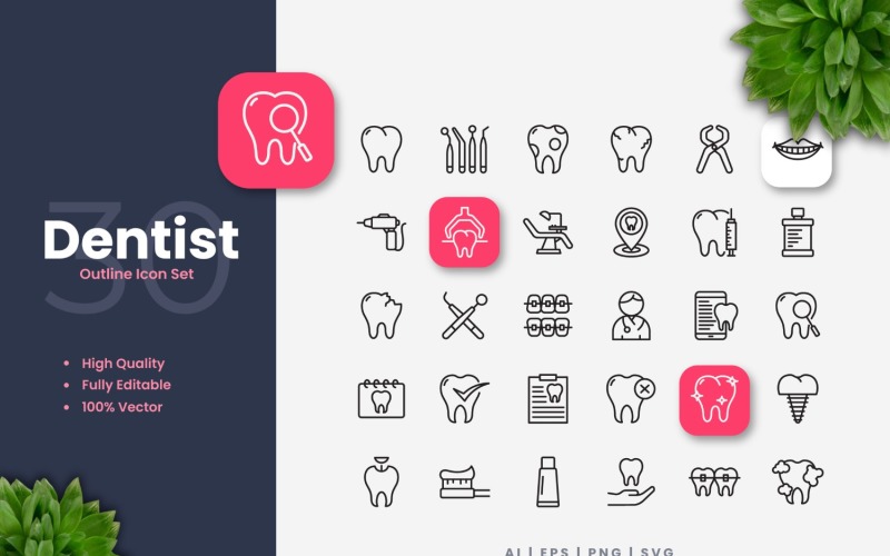 30 zestaw kolekcji ikon konspektu dentysty