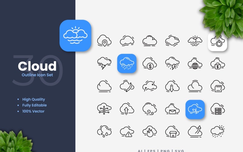 30 zestaw kolekcji ikon konturu chmury
