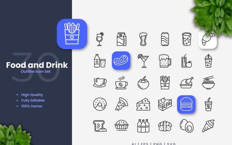 30 Eten en Drinken Overzicht Icon Set