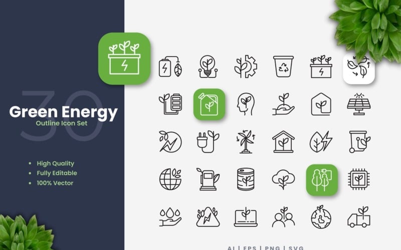 30 Sada ikon osnovy zelené energie