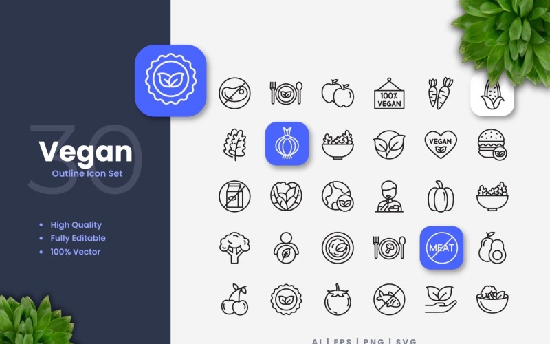 30 Vegan контур набір іконок