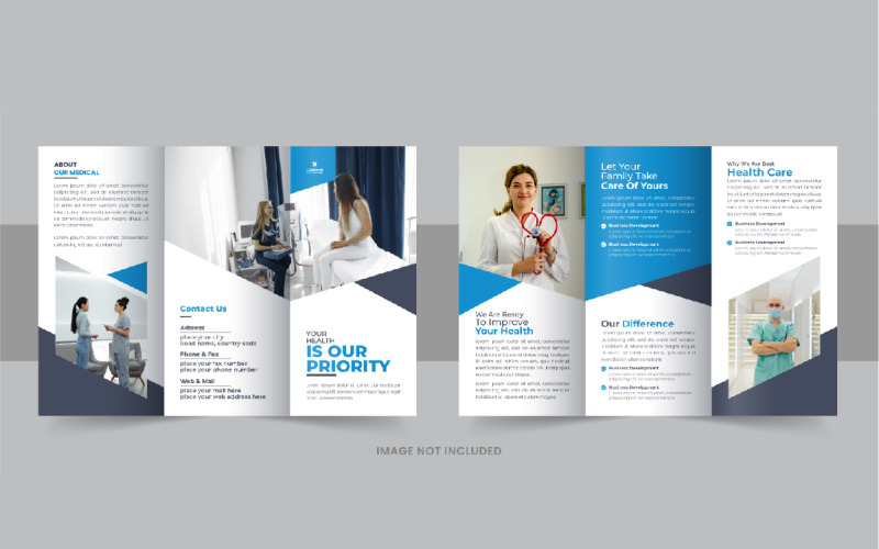 Cuidados de saúde criativos ou layout de folheto médico com três dobras