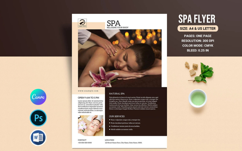 Sjabloon folder voor spa en schoonheidssalon. Photoshop en MS Word