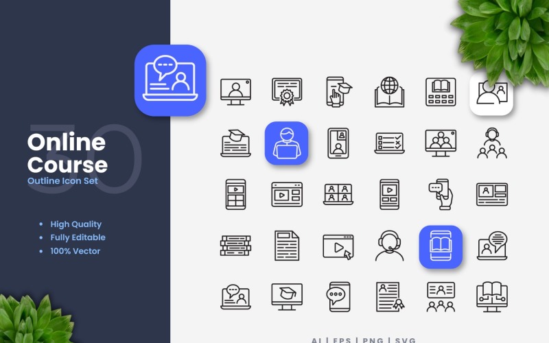 30 conjunto de ícones de esboço de curso on-line