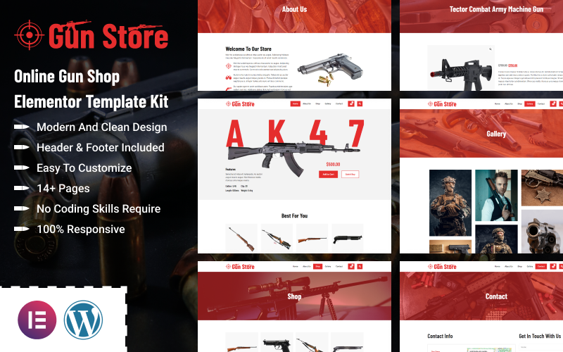 Magasin d'armes - Kit de modèles Elementor pour boutique d'armes en ligne