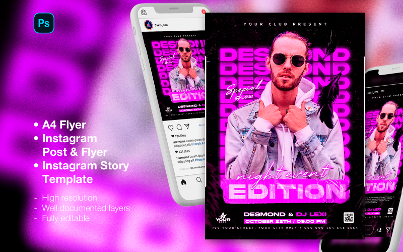 DJ-Club-Nacht-Party-Flyer und Social-Media-Beitrag