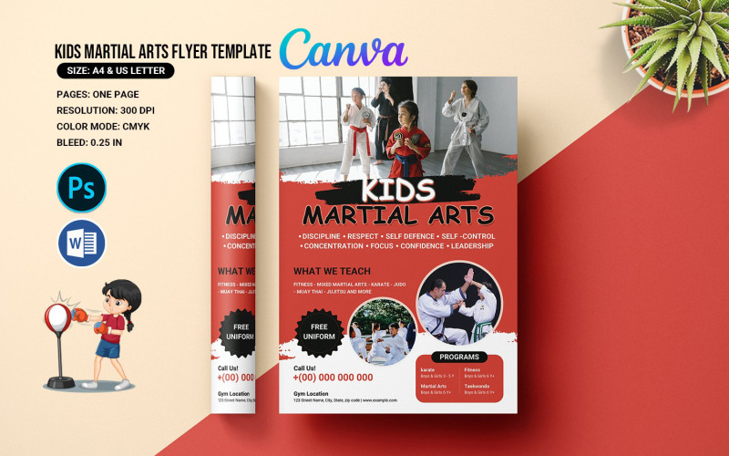 Modello di volantino per arti marziali per bambini. MS Word, Photoshop e Canva