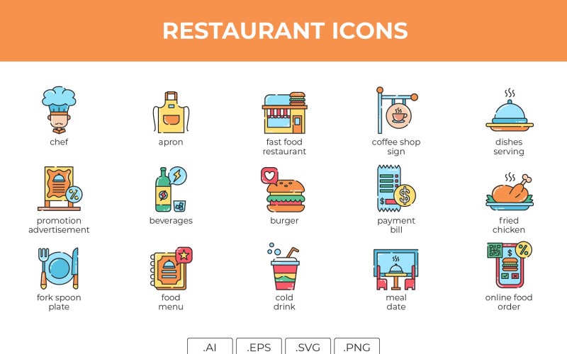 Шаблон набора иконок ресторана