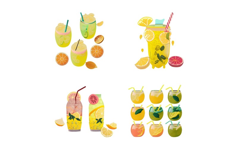 Sada koktejlů. Limonáda, pomeranč, limetka, máta, led. vektorové ilustrace.