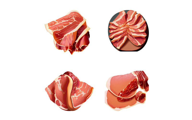 Conjunto de pedaços de bacon, Jamon isolado no fundo branco.
