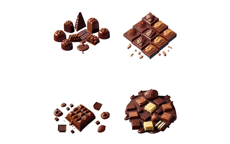 Uppsättning av olika sorters choklad isolerad på vit bakgrund.