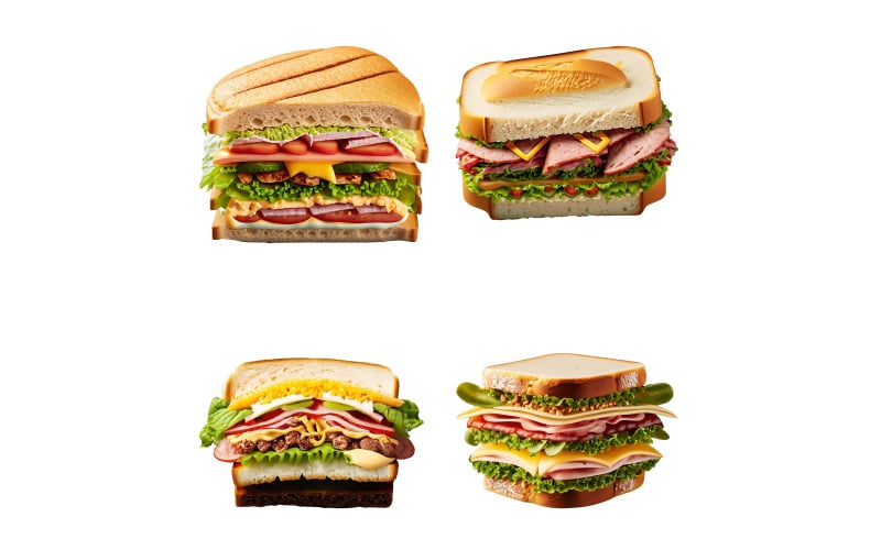 在白色背景上隔离的一组不同的三明治。