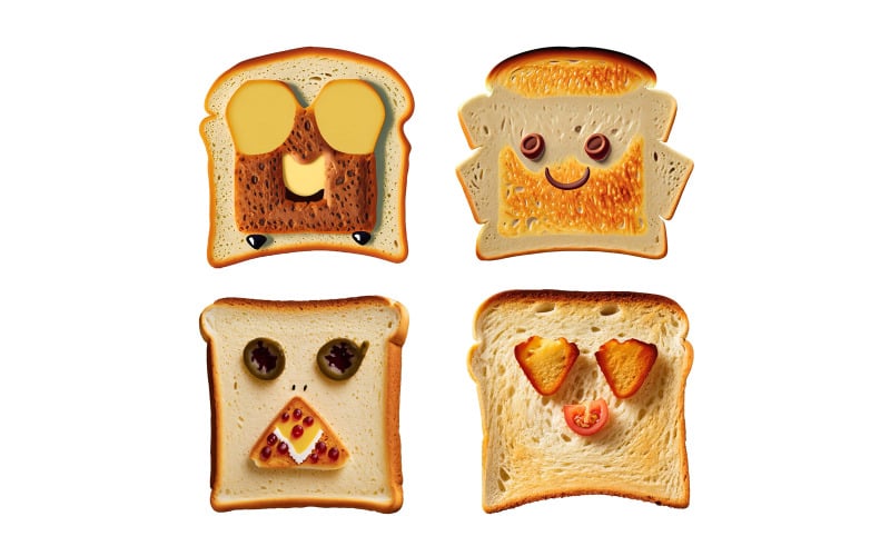 Sada vtipných kreslených postaviček toastového chleba izolovaných na bílém pozadí.