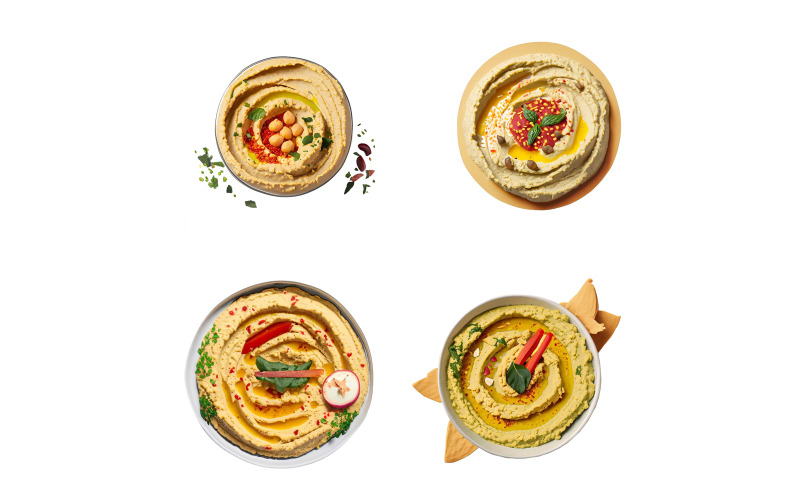 Uppsättning av hummus i skålar, isolerad på vit bakgrund, ovanifrån.