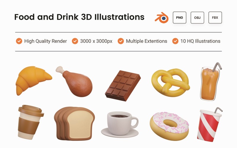 Conjunto de ilustrações 3D de alimentos e bebidas