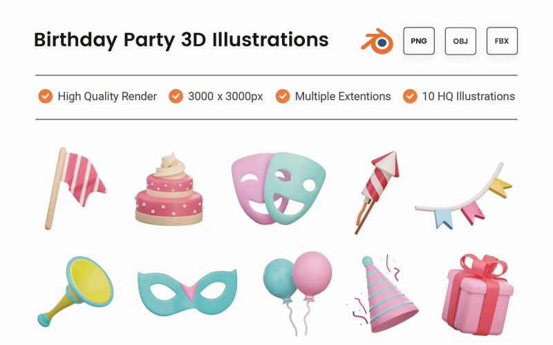 Conjunto de ilustra??o 3D de festa de anivers?rio