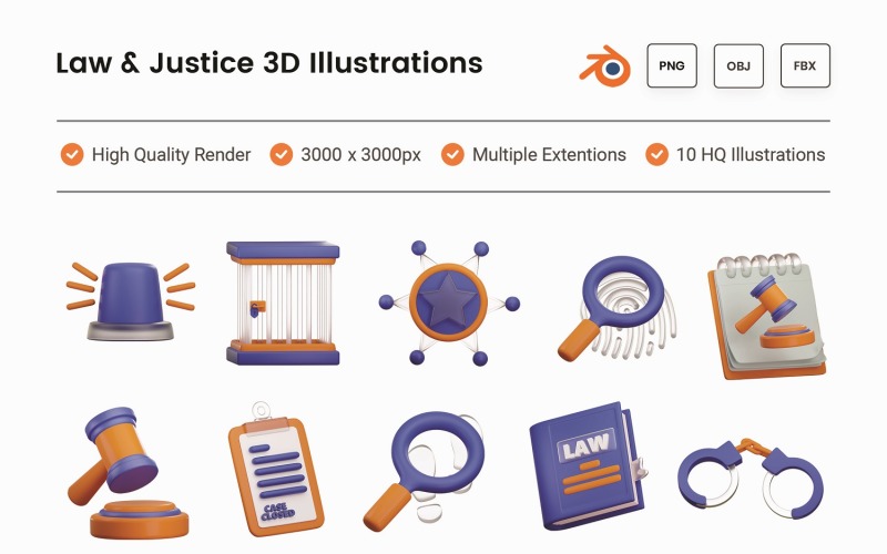 3D-Illustrationsset für Recht und Gerechtigkeit